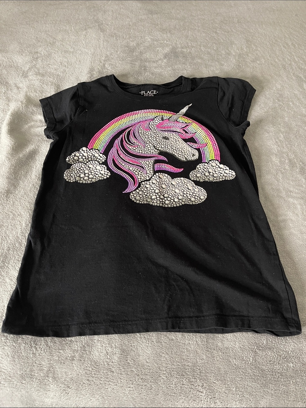 Place Black Unicorn Tee with Pink Accent and Rainbow